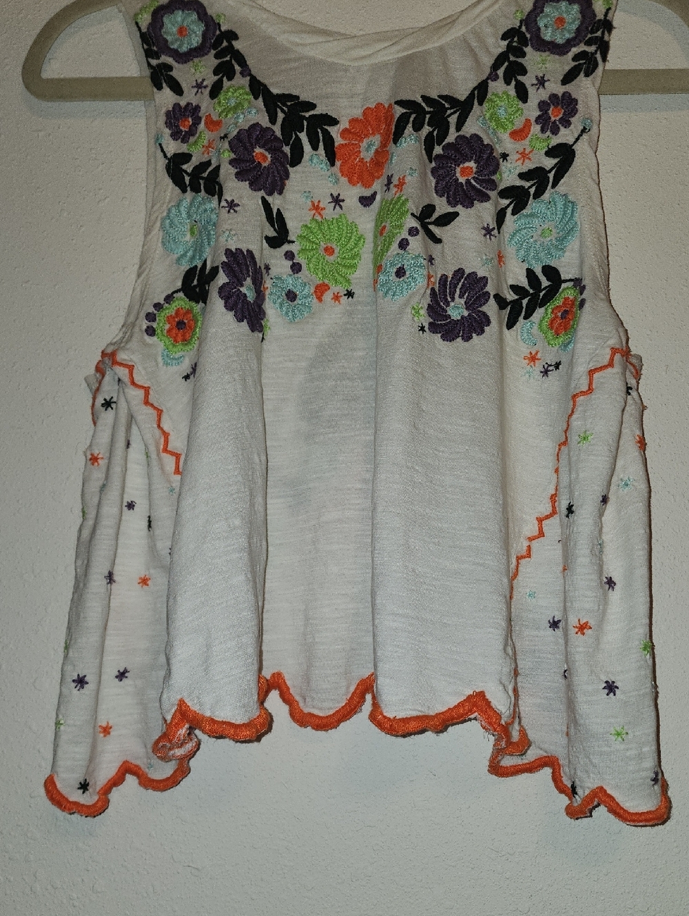Free People White Embroidered Floral Tank with Orange Trim